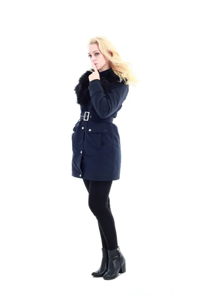 Full Length Portrait Blonde Woman Wearing Long Winter Coat Casual — Stock Photo, Image