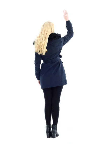 Full Length Portrait Blonde Woman Wearing Long Winter Coat Casual — Stock Photo, Image