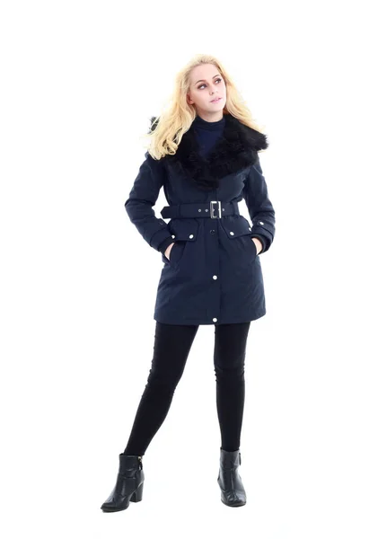 Full Length Portrait Blonde Woman Wearing Long Winter Coat Casual — Stock Photo, Image