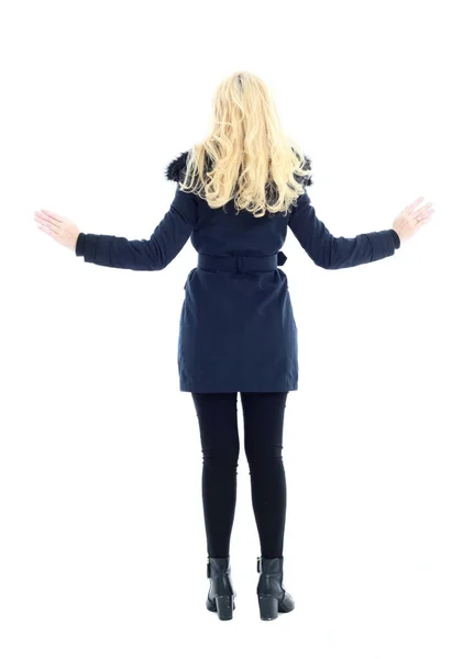 Full Length Portrait Blonde Woman Wearing Long Winter Coat Casual — Stock Photo, Image