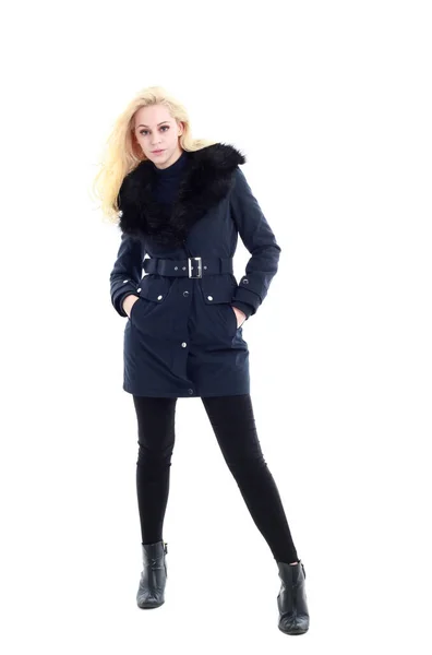 Portrait Pretty Blonde Girl Wearing Red Trench Coat Holding