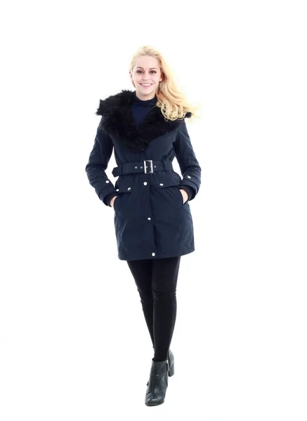 Portrét Blondýnky Dlouhém Zimním Kabátě Neformální Oblečení Stojící Póza Izolované — Stock fotografie