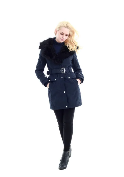 Full Length Portrait Blonde Woman Wearing Long Winter Coat Casual — Stock Photo, Image