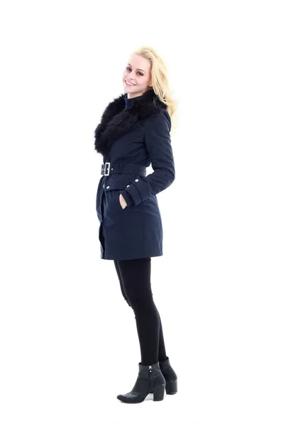 Портрет Блондинки Длинном Зимнем Пальто Повседневной Одежде Стоячая Поза Изолированная — стоковое фото