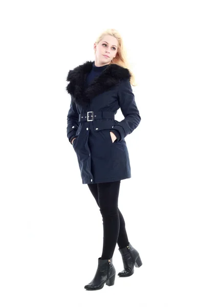 Full Length Portrait Blonde Woman Wearing Long Winter Coat Casual — Stock Photo, Image