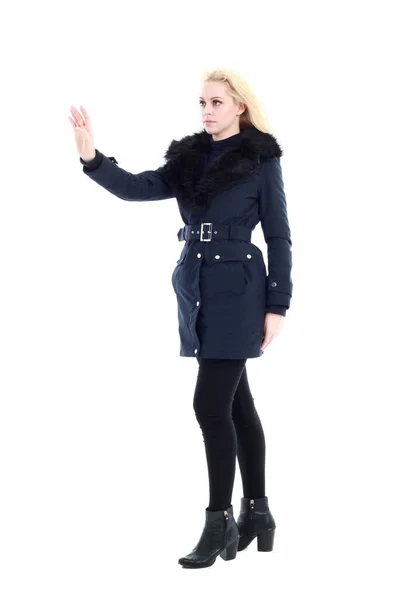 Full Length Portrait Blonde Woman Wearing Long Winter Coat Casual — Stock Photo, Image