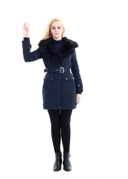 Retrato Comprimento Total Mulher Loira Vestindo Casaco Inverno Longo Roupas — Fotografia de Stock