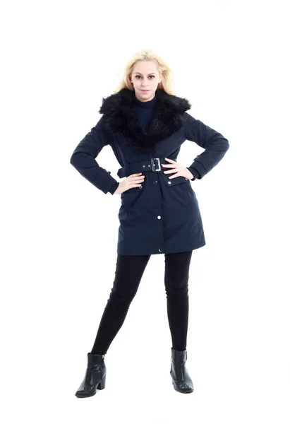 Ritratto Completo Donna Bionda Che Indossa Lungo Cappotto Invernale Abiti — Foto Stock