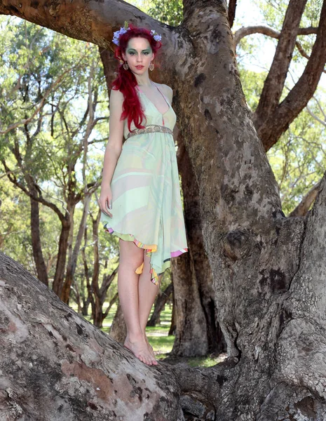 Retrato Fantasía Hada Con Flores Pelo Rojo Bonito Vestido Verde — Foto de Stock