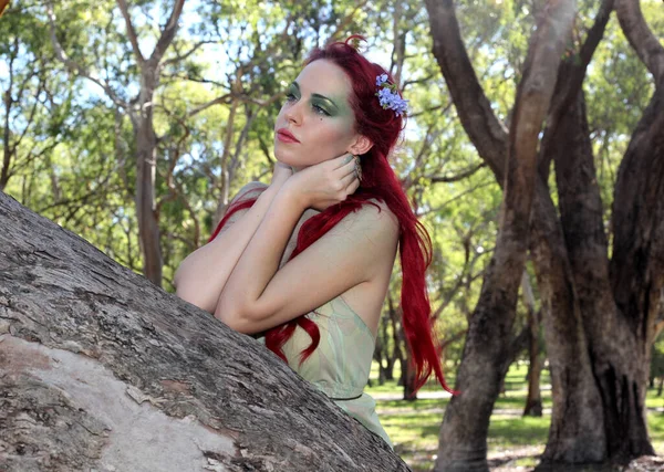 Retrato Fantasia Menina Fadas Com Flores Cabelo Vermelho Vestido Muito — Fotografia de Stock