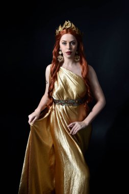  Yunan tanrıçası Toga elbisesi giymiş, stüdyo arka planında zarif hareketlerle poz veren güzel bir kadın modelin tam boy portresi..