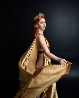  Yunan tanrıçası Toga elbisesi giymiş, stüdyo arka planında zarif hareketlerle poz veren güzel bir kadın modelin tam boy portresi..
