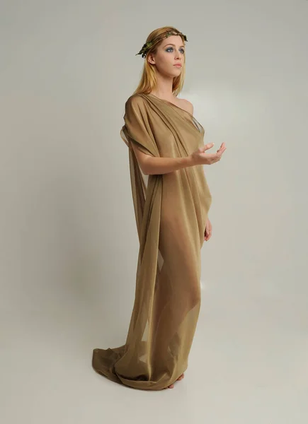 그리스 가운을 스튜디오 배경에우아 몸짓으로 포즈를 아름다운 모델의 초상화 — 스톡 사진