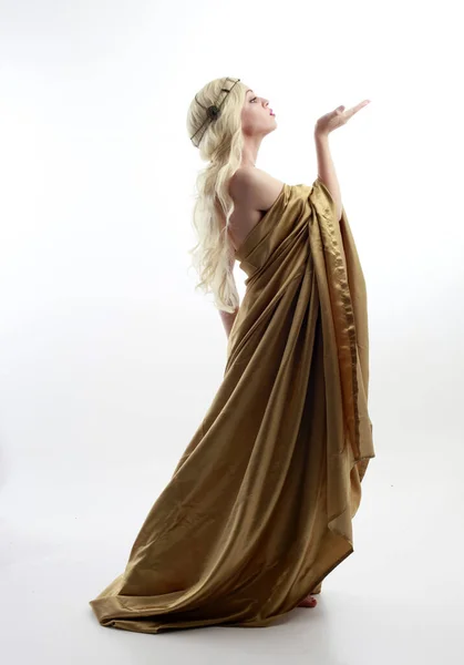 Teljes Hossz Portré Csinos Női Modell Visel Görög Istennő Tóga — Stock Fotó