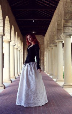 Kızıl saçlı güzel gotik bir elbise giyen, romantik kale taşı mimarisi geçmişi olan, uzun boylu bir kadın portresi..