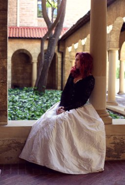 Kızıl saçlı güzel gotik bir elbise giyen, romantik kale taşı mimarisi geçmişi olan, uzun boylu bir kadın portresi..