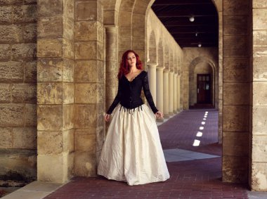 Kızıl saçlı güzel gotik bir elbise giyen, romantik kale taşı mimarisi geçmişi olan, uzun boylu bir kadın portresi..