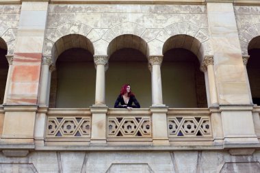 Kızıl saçlı güzel gotik bir elbise giyen, romantik kale taşı mimarisi geçmişi olan, uzun boylu bir kadın portresi..
