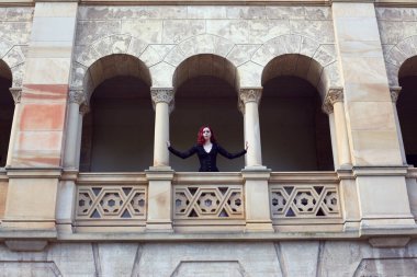 Kızıl saçlı güzel gotik bir elbise giyen, romantik kale taşı mimarisi geçmişi olan, uzun boylu bir kadın portresi..