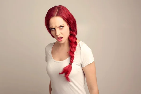 Close Portrait Pretty Female Model Red Hair Braid Expressing Emotion — Stock Photo, Image