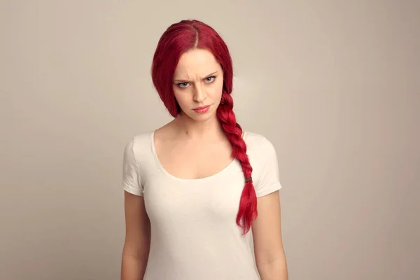 Close Portrait Pretty Female Model Red Hair Braid Expressing Emotion — Stock Photo, Image