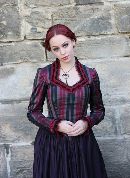 Portrait Red Haired Woman Wearing Historical Victorian Gown Costume Walking — Stock Photo, Image