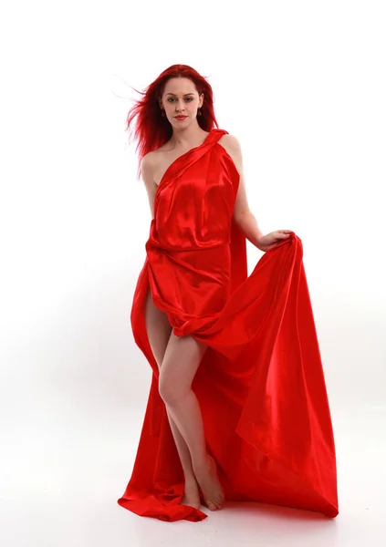 Full Length Portrait Red Haired Woman Wearing Beautiful Sexy Silk — Stock Photo, Image