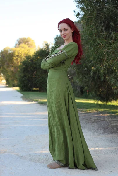 Full Length Portrait Red Haired Woman Wearing Beautiful Green Medieval — Stock Photo, Image