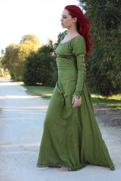 Full Length Portrait Red Haired Woman Wearing Beautiful Green Medieval — Stock Photo, Image