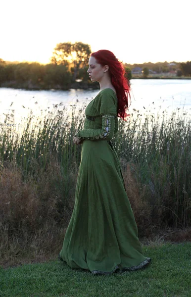 Retrato Cuerpo Entero Mujer Pelirroja Con Hermoso Vestido Fantasía Medieval — Foto de Stock