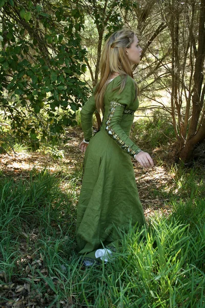 Full Length Portrait Blondewoman Wearing Beautiful Green Medieval Fantasy Gown — Stock Photo, Image