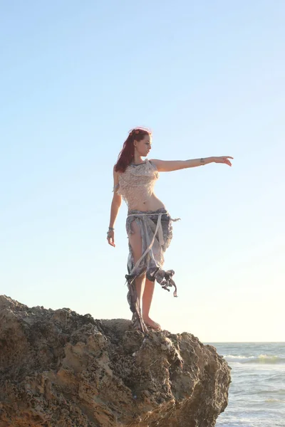 Full Length Portrait Red Haired Woman Wearing Torn Shipwrecked Clothing Royalty Free Stock Images