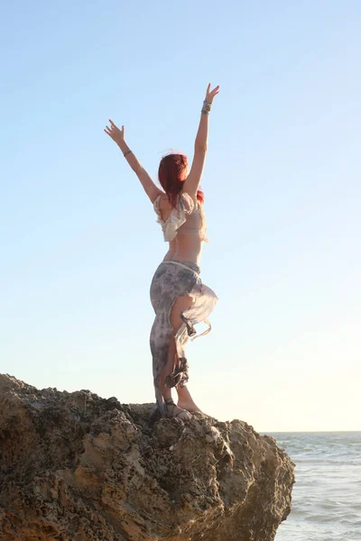 Full Length Portrait Red Haired Woman Wearing Torn Shipwrecked Clothing Royalty Free Stock Photos