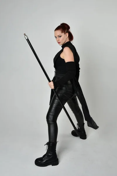 Full Length Portrait Pretty Redhead Female Model Wearing Black Futuristic — Stock Photo, Image