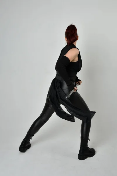Full Length Portrait Pretty Redhead Female Model Wearing Black Futuristic Stock Picture