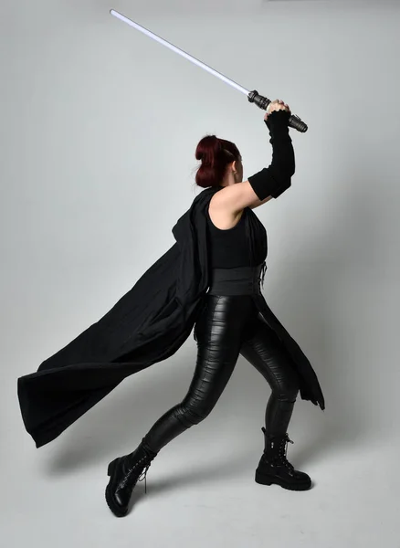 Full Length Portrait Pretty Redhead Female Model Wearing Black Futuristic — Stock Photo, Image