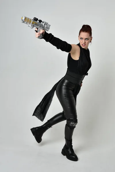 Full Length Portrait Pretty Redhead Female Model Wearing Black Futuristic — Stock Photo, Image