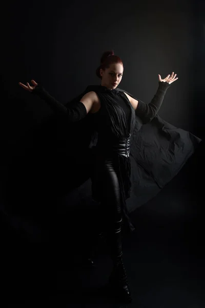 Full Length Portrait Pretty Redhead Female Model Wearing Black Futuristic — Stock Photo, Image