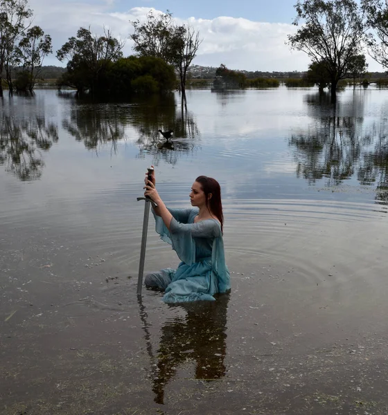 Retrato Una Hermosa Chica Con Vestido Fantasía Fondo Lago Mágico —  Fotos de Stock