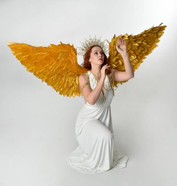 Kızıl saçlı güzel bir kadının portresi. Stüdyo arka planında meleksi altın haleler olan uzun, fantezi toga bir elbise giyiyor.