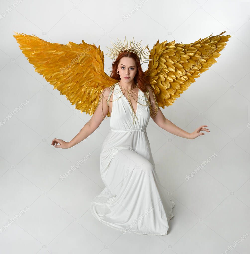 portrait of beautiful red head woman wearing long flowing fantasy toga gown with golden halo crown jewellery,  posed on isolated on a white studio background.