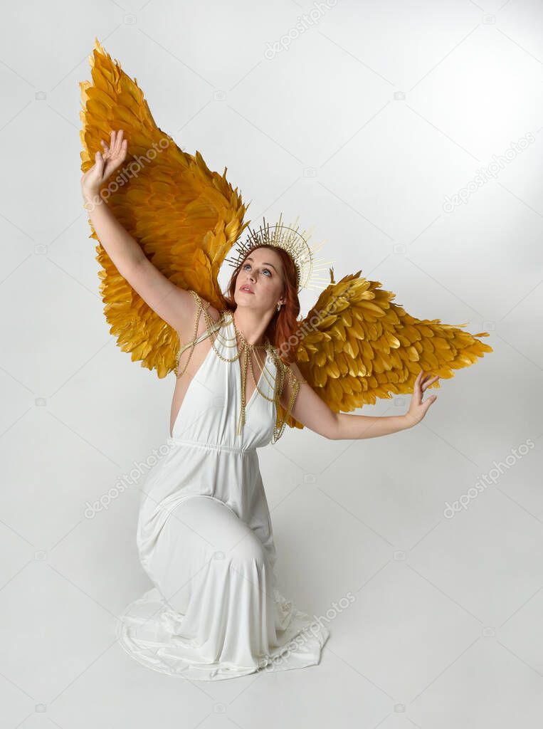 portrait of beautiful red head woman wearing long flowing fantasy toga gown with golden halo crown jewellery,  posed on isolated on a white studio background.