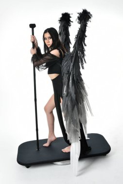 full length portrait of beautiful asian model with dark hair, wearing black gothic skirt costume, angel feather wings with horned headdress. Standing pose  isolated on studio background.
