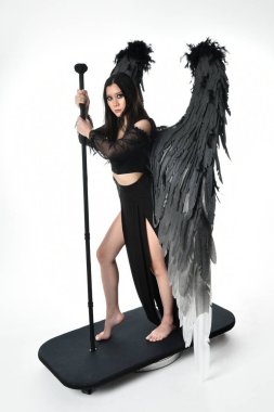 full length portrait of beautiful asian model with dark hair, wearing black gothic skirt costume, angel feather wings with horned headdress. Standing pose  isolated on studio background.