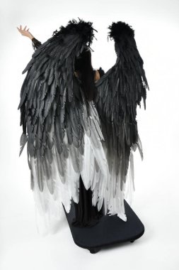 full length portrait of beautiful asian model with dark hair, wearing black gothic skirt costume, angel feather wings with horned headdress. Standing pose  isolated on studio background.