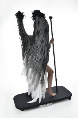 full length portrait of beautiful asian model with dark hair, wearing black gothic skirt costume, angel feather wings with horned headdress. Standing pose  isolated on studio background.