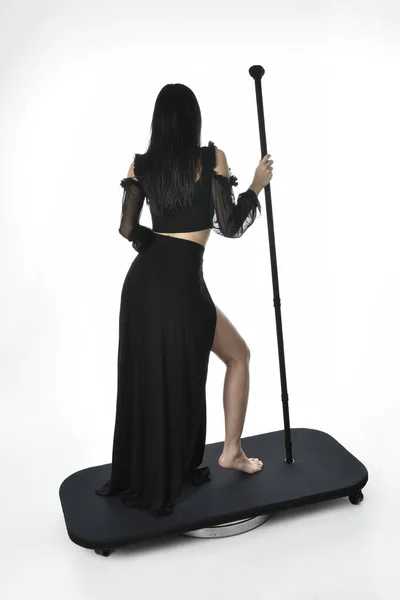 Full Length Portrait Beautiful Asian Model Dark Hair Wearing Black — Stock fotografie