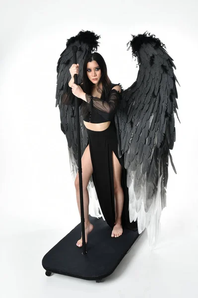 stock image full length portrait of beautiful asian model with dark hair, wearing black gothic skirt costume, angel feather wings with horned headdress. Standing pose  isolated on studio background.