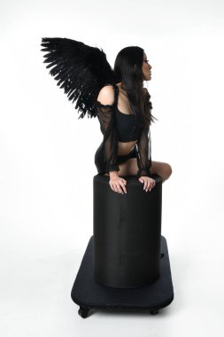 full length portrait of beautiful asian model with dark hair, wearing black gothic skirt costume, angel feather wings with horned headdress. Sitting pose  isolated on studio background.