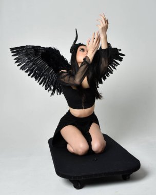 full length portrait of beautiful asian model with dark hair, wearing black gothic skirt costume, angel feather wings with horned headdress. kneeling  pose  isolated on studio background.